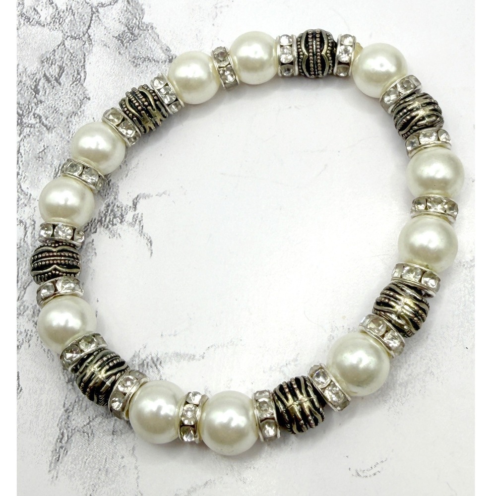 Faux Pearl Stretch Bracelet‎ Silver Gold Spacer Beads 7.25" Statement